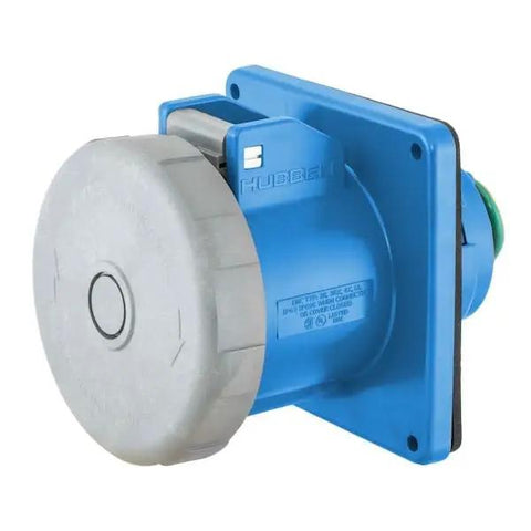 Badass Heavy Duty IEC Pin And Sleeve Receptacle 20 Amp 250 Volt 3 Pole 4 Wire Watertight Blue Socket Screw Mount Thermoplastic side view
