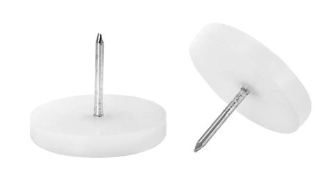 Straight Up Heavy Duty White Furniture Nail Glides 30 Mm Floor Protectors showing two chair leg pads with metal nails.