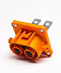 Top Shelf EV High Voltage Connector 2 Pin Male Socket 50 Amp Rated with orange plastic housing for automotive use.
