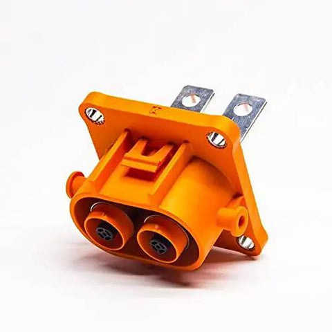 Top Shelf EV High Voltage Connector 2 Pin Male Socket 50 Amp Rated with orange plastic housing for automotive use.