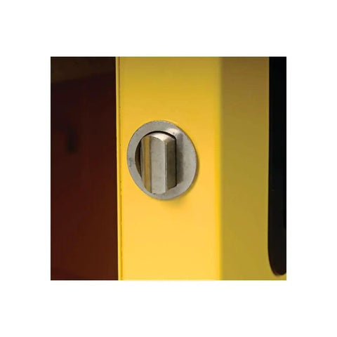 Heavy Duty Steel Two Door Vertical Flammables Storage Cabinet For 55 Gallon Drums door lock mechanism close-up.