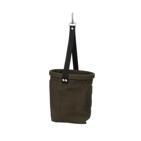 Canvas Tapered-Bottom Tool Bucket With Two Interior Pockets And Snap Clip Made From No 10 Canvas 8 Inch High And 6.5 Inch Diameter