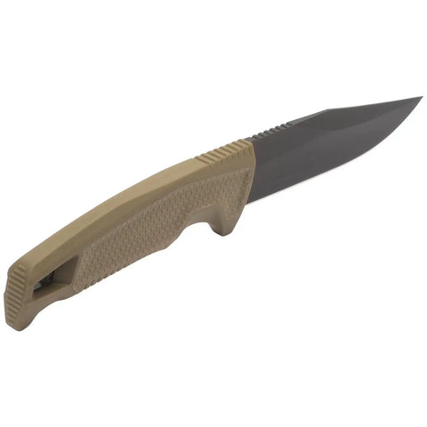 Recondo FX Fixed Blade Duty Knife with Straight Edge Cryo 440C stainless steel blade and overmolded rubberized grip, flat dark earth color.