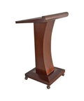 Rock Solid Wood Roll Away Lectern With Plenty Of Storage Space, brown wooden podium on casters, ideal for presentations and seminars.