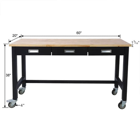 Heavy Duty Rubber Wood Top Workbench On Rolling Steel Frame With Drawers 60 Inch Garage Workshop Table With Locking Casters