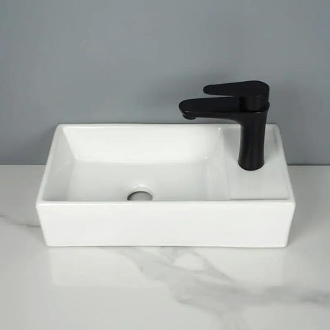 USZWBY Vessel Sinks Ceramic Vessel Sink Modern Minimalist Wall-Mounted Washbasin Square Washing Bowl with black faucet.