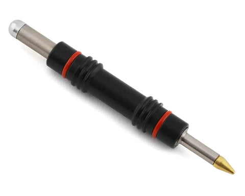 Racer Pro Bike Patch Tool Boasts Twin Tube Magazine With Four Preloaded Plugs For Swift Fix Flats Anywhere, black and silver tool with metallic tip.