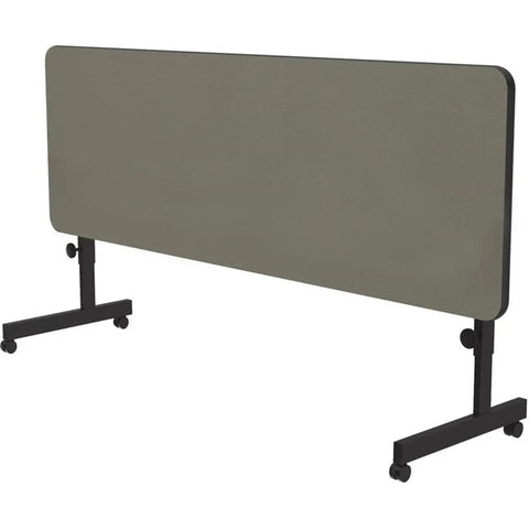 No Fuss Adjustable Flip Top Standing Desk Built Tough For Quick Workspace Swaps Locking Casters view with sand laminate surface and black base.