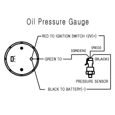 Oil pressure gauge diagram for 52mm 12V car gauge kit showing wiring: red to ignition, green to sensor, black to battery