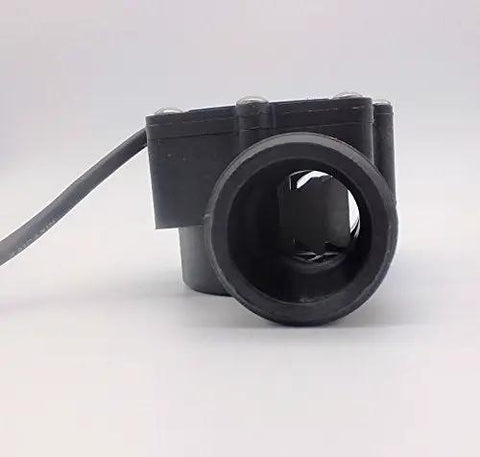 Front view of Liquid Flow Sensor Water Flowmeter for 1.25 Inch Pipes DN32 1 to 120 Liters per Min Turbine Type, black plastic body.