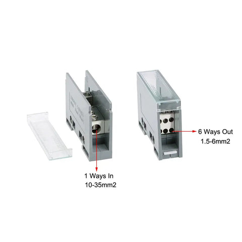 One In Six Out DIN Rail Terminal Block 690V Distribution Connector For Easy No Fuss Install With Flame Resistant Shell Brass Conductor Clear Protective Cover 35mm DIN Rail Mount Industrial Grade Electrical Block showing 1-in 6-out configuration, clear cover.