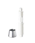 Heavy Duty Magnetic Telescopic Coffee WDT Tool And White Distribution Needle For Dead Center Espresso Grounds and Straight Up Flawless Shots At Your Home Station Or Local Cafe with silver cap.