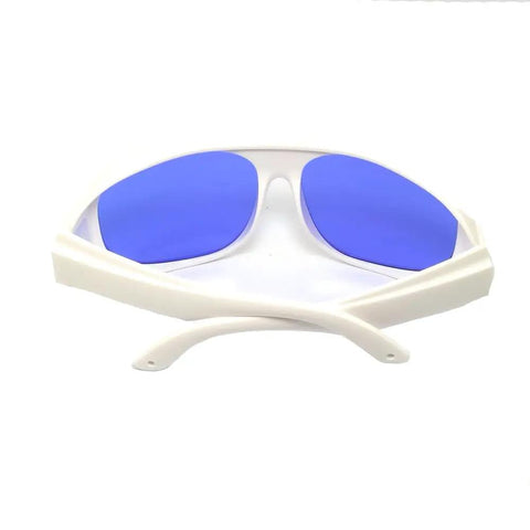Heavy Duty Laser Safety Glasses With Top Shelf OD4 Plus Protection For Yellow Pulsed Dye Lasers And Clinical Dermatology Work Certified Eye Safety Gear For Hospitals And Labs, white frame with blue lenses.