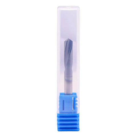 Solid carbide spotting drill in a clear plastic case with blue base