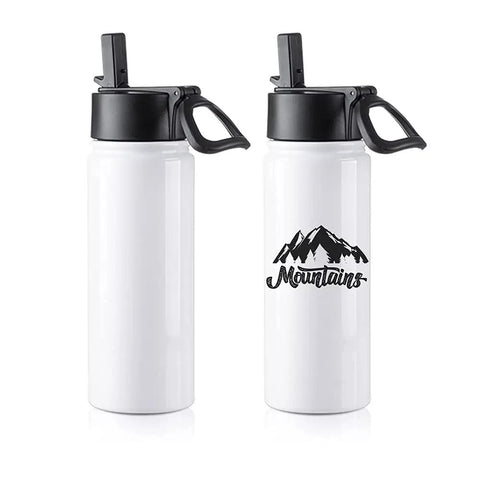 4 Pack Sublimation Blank Kids Tumbler 18 Oz White Stainless Steel Water Bottles With Straws and black handles, mountain design