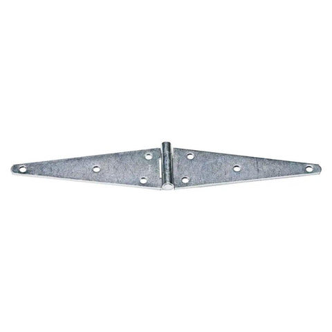 Heavy Duty 10 Inch Zinc Plated Steel Strap Hinges For Outdoor Fences And Gate Hardware With Offset Mounting Screws, top view.
