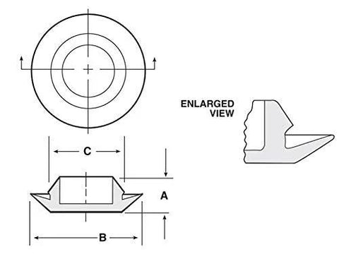 Diagram of a 2 Inch Flush Mount Black Polyethylene Hole Plug for Sheet Metal, showing dimensions and side profile view.
