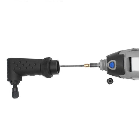 Smooth Operator Ninety Degree Right Angle Grinder Adapter For Rotary Power Tools, connection view with Dremel, black plastic housing.