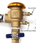 Schrader valve to male NPT brass irrigation adapter with blue handles for winterizing sprinkler backflow preventers