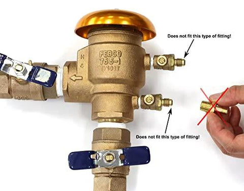 Schrader valve to male NPT brass irrigation adapter with blue handles for winterizing sprinkler backflow preventers