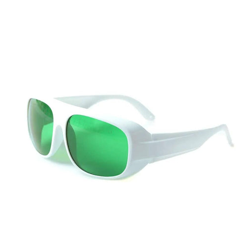 Top Shelf Laser Protection Glasses For 635Nm To 660Nm And 808Nm To 830Nm Wavelengths in white frame with green lenses.