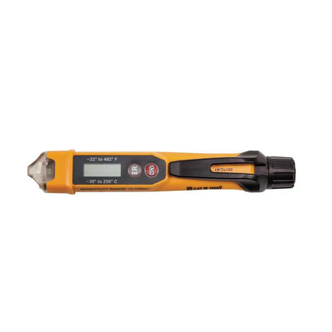 Non Contact Voltage Tester With IR Thermometer For HVAC Detects 12 To 1000 V AC With LED And Audible Alarms in close-up.