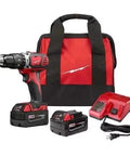 Rock Solid One Half Inch Cordless Compact Hammer Drill Driver Kit Featuring All Metal Gear Case And Rugged Chuck For Tight Quarters With Knockout Performance And Built Like A Tank Durability includes drill, batteries, charger, and bag.