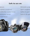 Lens cleaning wipes banner showing camera, binoculars, and sunglasses (3 items) with a safe-to-use-on lens list