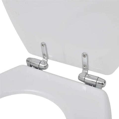Close-up of Dual Pack Soft Close Toilet Seats MDF Bathroom Hardware with chrome hinges and white smooth glide lid.