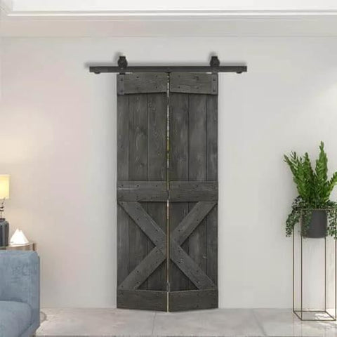 36 Inch By 84 Inch DIY Wood Bi-Fold Barn Door Kit With Carbon Gray Stain, installed in modern home interior