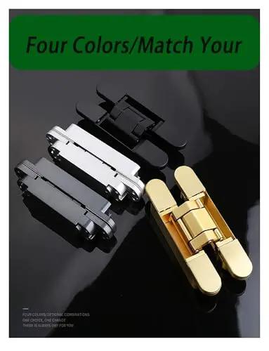 Modern Adjustable One Eighty Degree Silent Concealed Hinge Black Hidden Door Hardware For Wood Cabinets Delivers Dead Quiet Operation Smooth Roll Heavy Duty Install. Four hinges in black, silver, gold, and bronze.