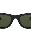 Front view of Iconic Wayfarer Square Sunglasses for Men and Women, black frame with G15 green lenses, 50mm wide, timeless classic.