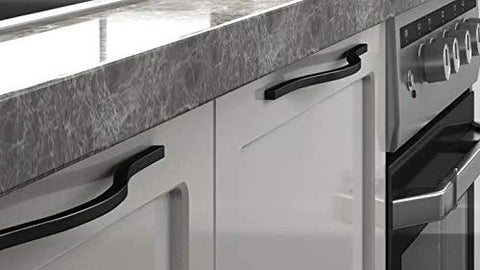 Modern Matte Black Cabinet Handle Set For Doors And Drawers Minimalist Wardrobe Pulls Arched Style installed on kitchen cabinets