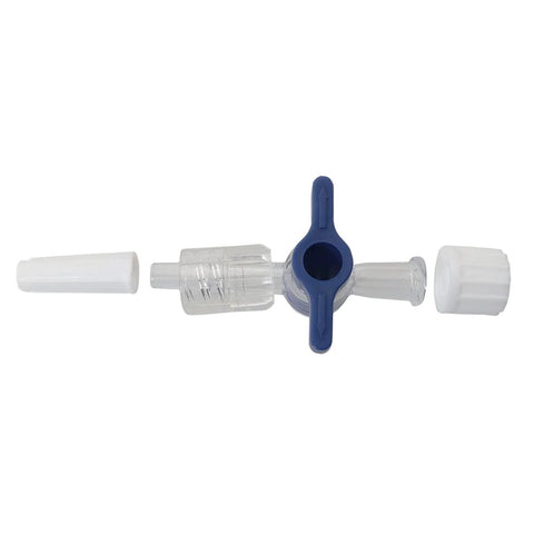 Meetooot disposable medical 2-way stopcock with Luer connections, clear plastic body and blue handle