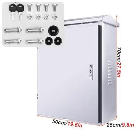 Heavy Duty Stainless Steel EV Charger Cover And Waterproof Lockable Outdoor Enclosure With Key Security Anti Theft Shield and Smart Heat Vent Design, dimensions 70cm x 50cm x 25cm.