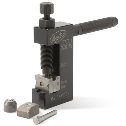 Motion Pro PBR chain tool front view; black metal body with knurled handle and small metal accessories
