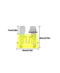 Straight Up Rock Solid 80 Piece Professional Grade Standard Blade Fuse Assortment Kit For Cars Trucks And Boats With Easy Grip Pry Tool 2A 3A 5A 7.5A 10A 15A 20A 25A 30A 35A yellow blade fuse with dimensions shown.