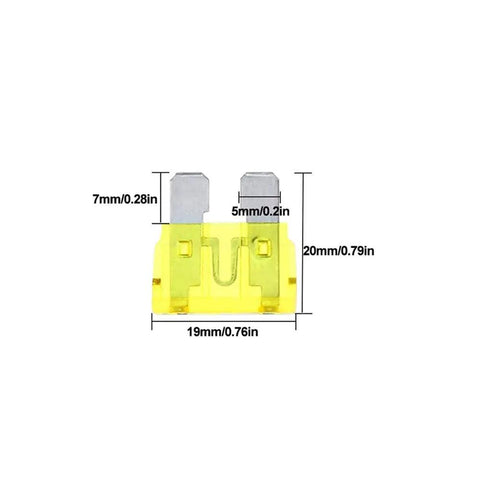 Straight Up Rock Solid 80 Piece Professional Grade Standard Blade Fuse Assortment Kit For Cars Trucks And Boats With Easy Grip Pry Tool 2A 3A 5A 7.5A 10A 15A 20A 25A 30A 35A yellow blade fuse with dimensions shown.