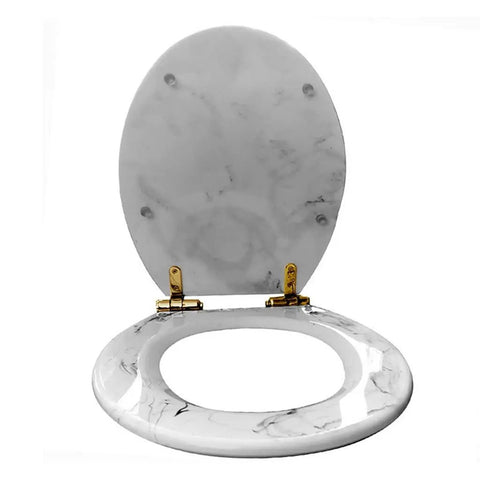 Heavy Duty Resin Toilet Seat With Chic Marble Texture Universal Slow Close Lid Engineered For The Daily Grind Ergonomic Arch open view.