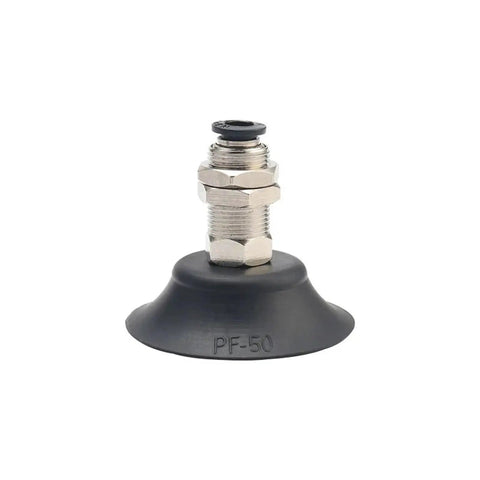 Top Notch Pak Series Pneumatic Rubber Sucker Cup Chuck For Industrial Vacuum Gripping, heavy duty PF-50 black suction pad accessory.
