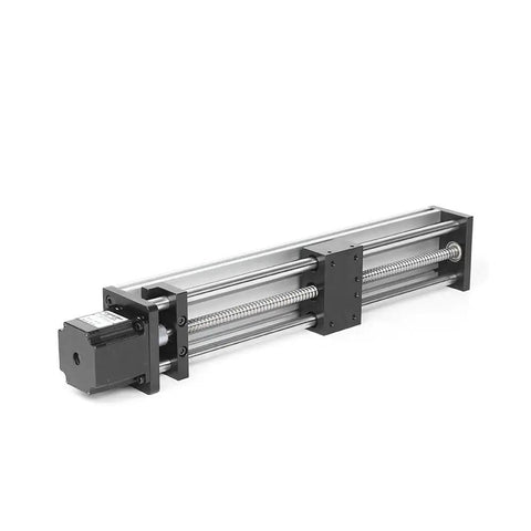 Heavy Duty Ball Screw Linear Stage With Nema 23 Stepper Motor, 300mm Stroke, CNC Linear Guide Rail, Precise 0.03mm Accuracy, 40 to 100mm Per Second Speed, 12mm Ball Screw, 4mm Lead, Handles 30 to 50 kg Horizontal, 15 kg Vertical, aluminum housing, side view