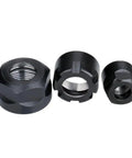 Three Heavy Duty ER Metal Collet Clamping Nuts in black, designed for ER8 to ER40, made of durable chromium steel.