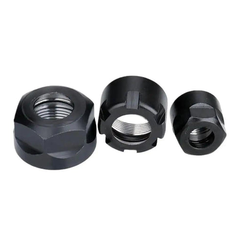 Three Heavy Duty ER Metal Collet Clamping Nuts in black, designed for ER8 to ER40, made of durable chromium steel.