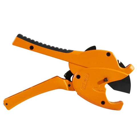 Ratcheting PVC Cutter For One Hand Fast Cuts From Half Inch To One And Quarter Inch White And Gray Schedule 40 And 80 PVC Quick Blade Release No Tools Required For Instant Blade Change Replacement Blade Available