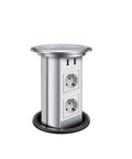Top Shelf Retractable Countertop Power Outlet With Easy Peasy Automatic Lift And Fast Usb Charging Ports Round Pop Up Electrical Box, round aluminum body with USB ports.