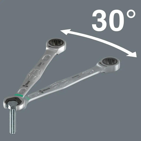 Joker Imperial Go To Wrench Set 8 Piece With Open End Fastener Hold showing 30 degree angle on metallic surface, ideal for pipes.
