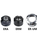 Heavy Duty Er Type Metal Collet Clamping Nut For Milling Cutters, sizes ERA, ERM and ER-UM shown, made of durable steel.