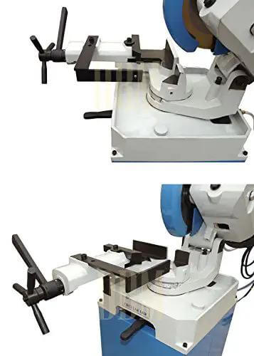Professional 11 Inch Cold Cut Circular Saw With Swivel Base And Heavy Duty Stand 110 Volt Single Phase Motor showing adjustable clamp and base.