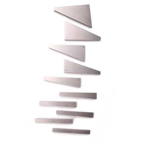 Front view of Oudtinx Industrial Tools 10-Piece Precision Angle Block Set; silver metal triangular blocks with angle markings