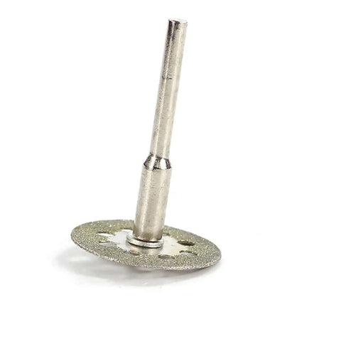 Side view of Go To Mini Diamond Cutting Discs For Rotary Tools Ultra Thin Diamond Blades with mandrel for gemstone, glass, tile, metal cutting.